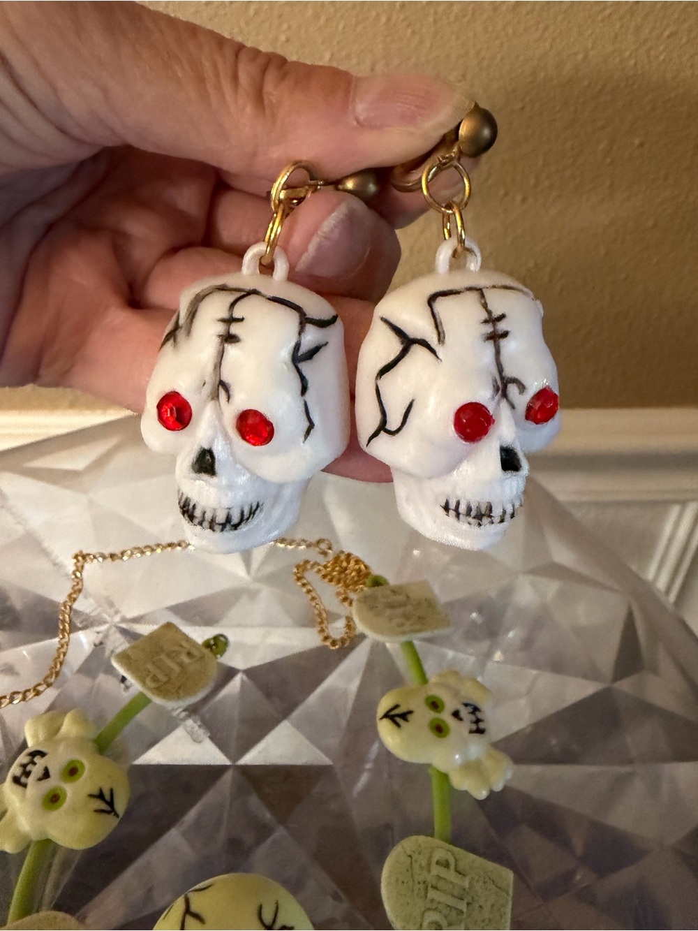 Vintage 1980’s Skull Earrings Red Eyes Snap Clasp